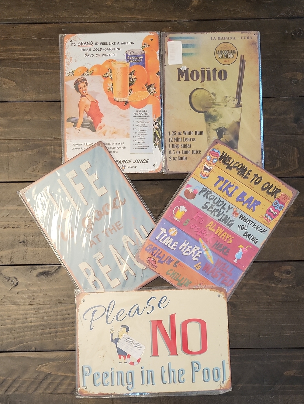 5-Vintage-Style Beach, Pool, Mojito, Fl Orange Juice, & Tiki Metal Signs